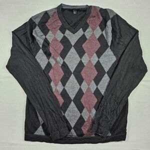 Apt 9 Mens 100% Merino Wool V Neck Argyle Sweater XL Dark Gray Grandpa Blokecore